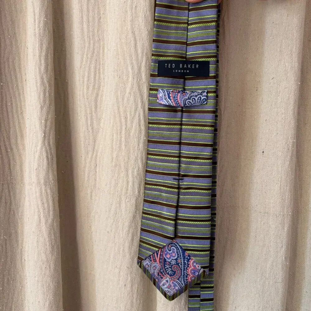 Ted Baker London 100% Silk Tie Blue Purple Green Brown Striped‎ USA Made